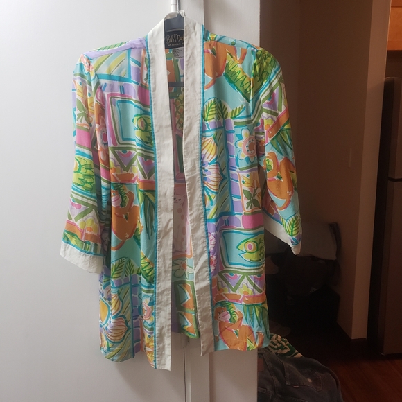 Bob Mackie Tops - Bob Mackie Wearable Art Silk Open Front Kimono Top Cats Monkeys Fruit Fish sz S
